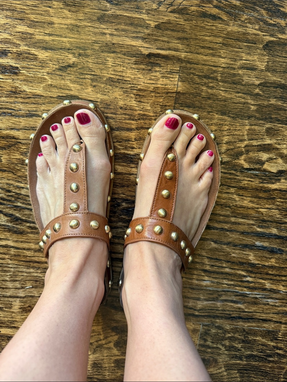Kelsi Dagger Brown Leather Studded T-Strap Sandals